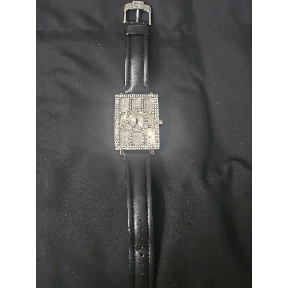 40.9mm tic tac toe rectangle Fashion Analog watch w/Black Faux Leather Band